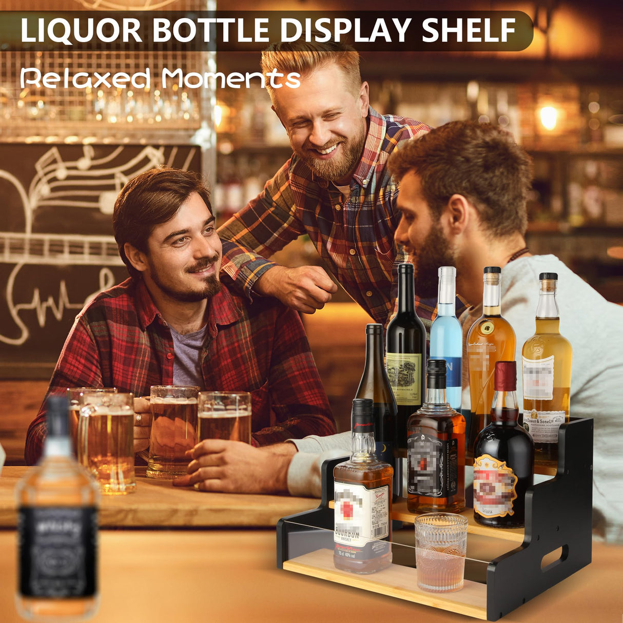 Liquor Bottle Display Shelf, 3 Step Countertop Liquor Wine Rack, Coffee Bar Station Spice Rack Organizer 3-in-1,Bar Bottle Shelves for Liquor Whiskey Wine Coffee Syrup Display, Retro Wine Rack Home smocchy