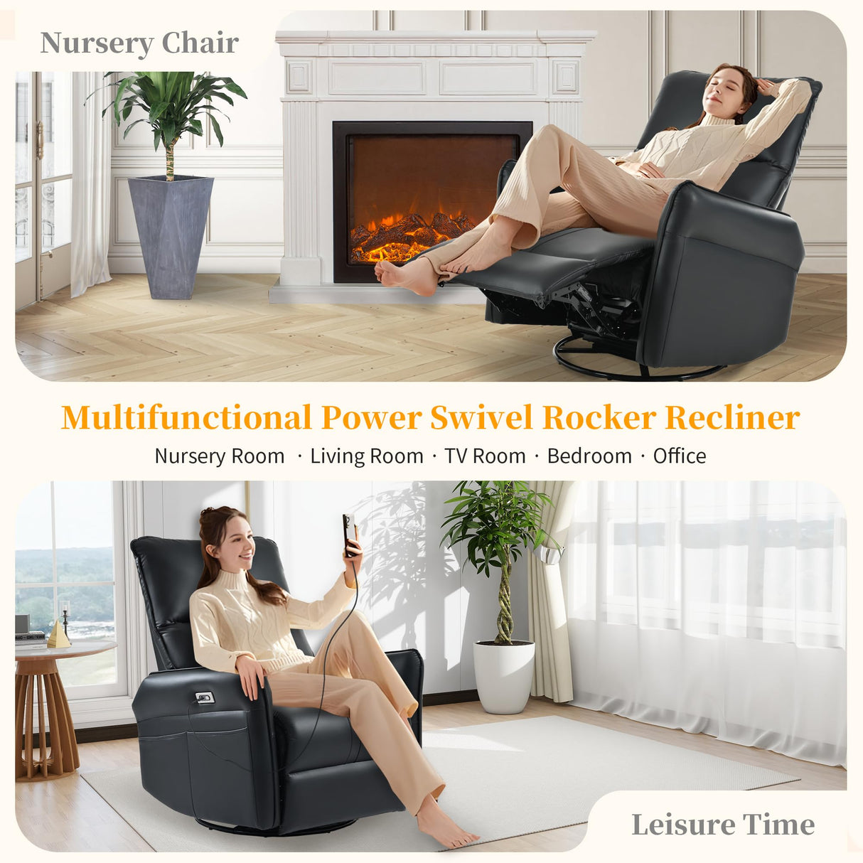 QicoFelix Power Swivel Rocker Recliner,Electric Glider Recliner Nursery Chair, Leather Electric Recliners with USB Ports for Living Room Bedroom (Black, Power) QicoFelix