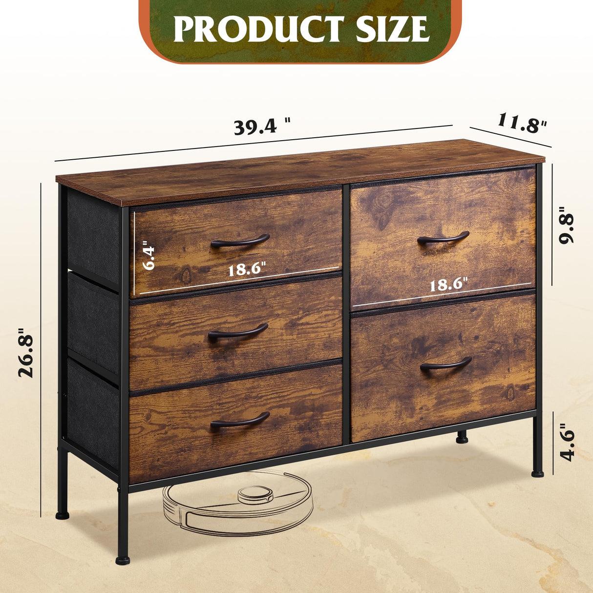 WLIVE Dresser for Bedroom with 5 Drawers, Wide Bedroom Dresser with Drawer Organizers, Chest of Drawers, Fabric Dresser for Living Room, Closet, Hallway, Rustic Brown Wood Grain Print WLIVE