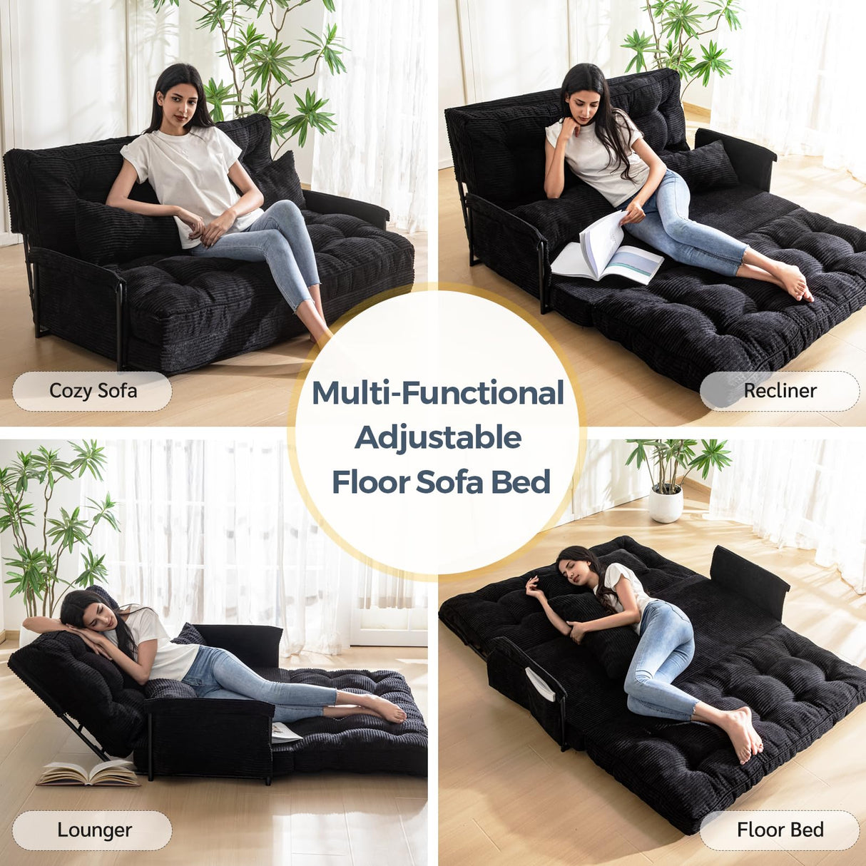 MAXYOYO Adjustable Floor Sofa Couch with 2 Pillows, Multi-Functional Bean Bag Bed, 5-Position Foldable Lazy Sofa Sleeper Bed with Armrest, Versatile Floor Seating for Reading, Black, Double MAXYOYO