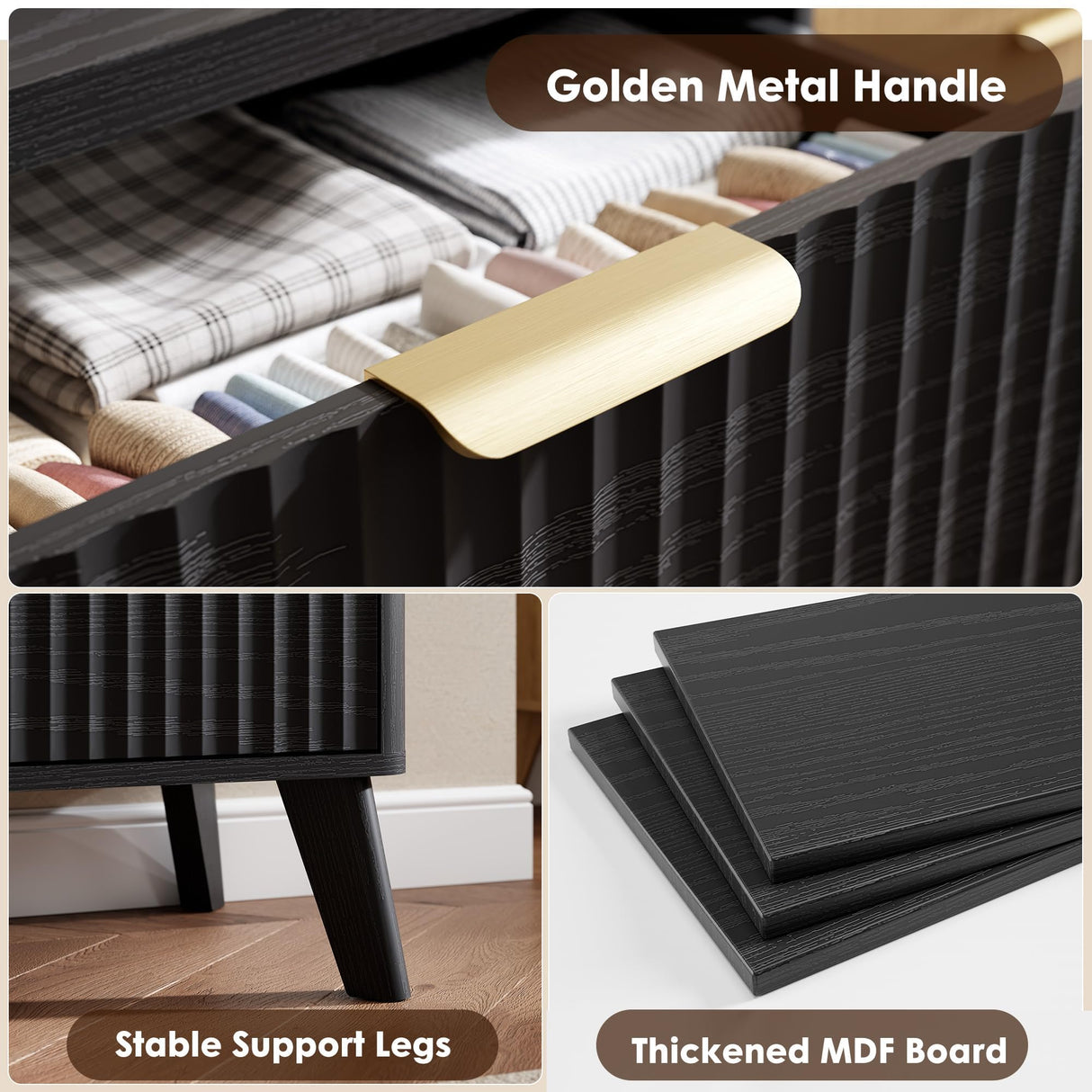 Garvee 6 Drawers Dresser for Bedroom, 47.2" Wide Dressers with Curved Profile Design, Fluted Wood Drawers with Gold Handle, Modern Chest of Dressers with Thickened Design for Living Room, Black Garvee