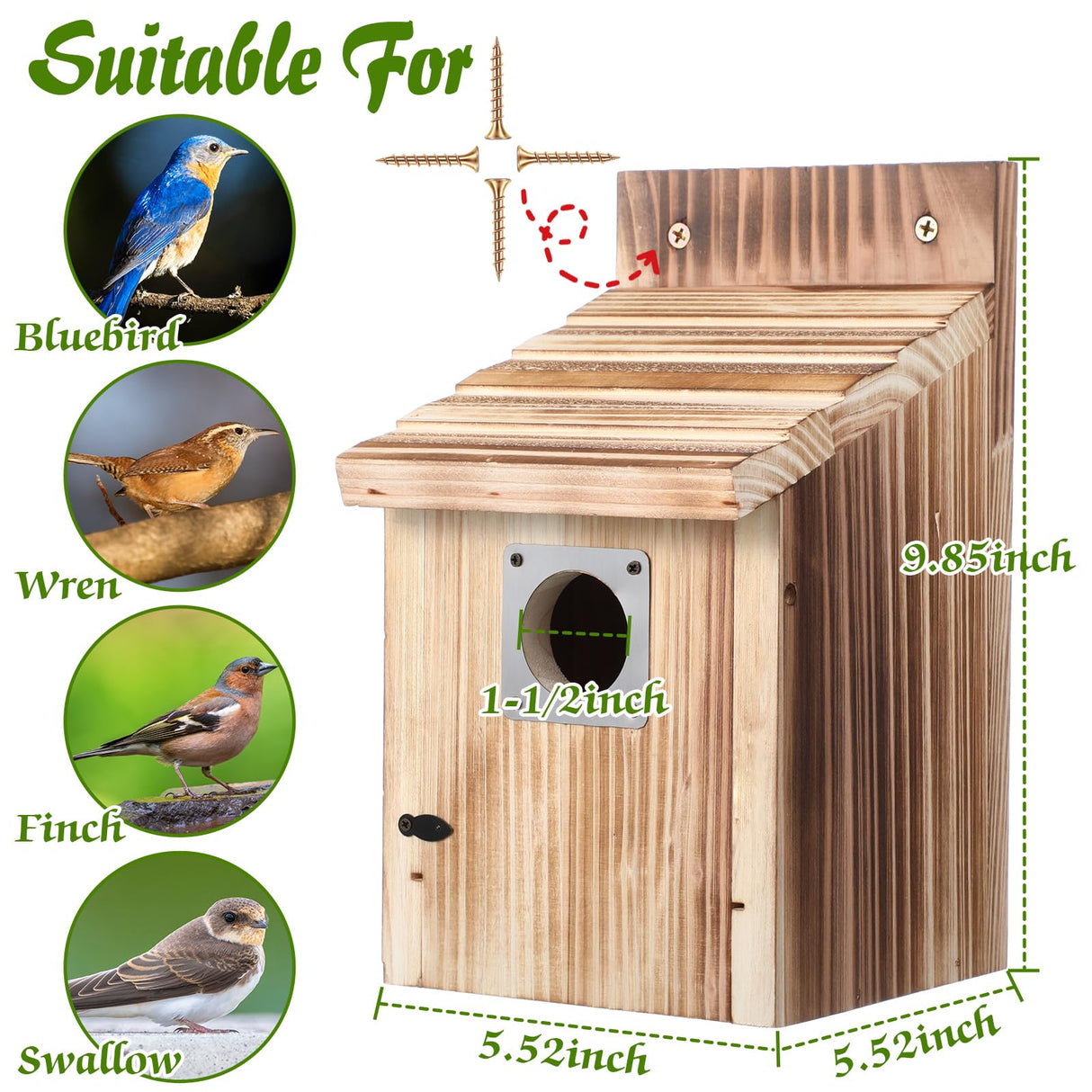 Dreyoo 2 Pack Cedar Bluebird Box Houses for Outside, 1-1/2” Entrance Hole Wooden Bird Houses with Metal Predator Guard, Secure Latch, Fledgling Grooves, Air Vents for Bluebird Wren Swallow Finch Dreyoo