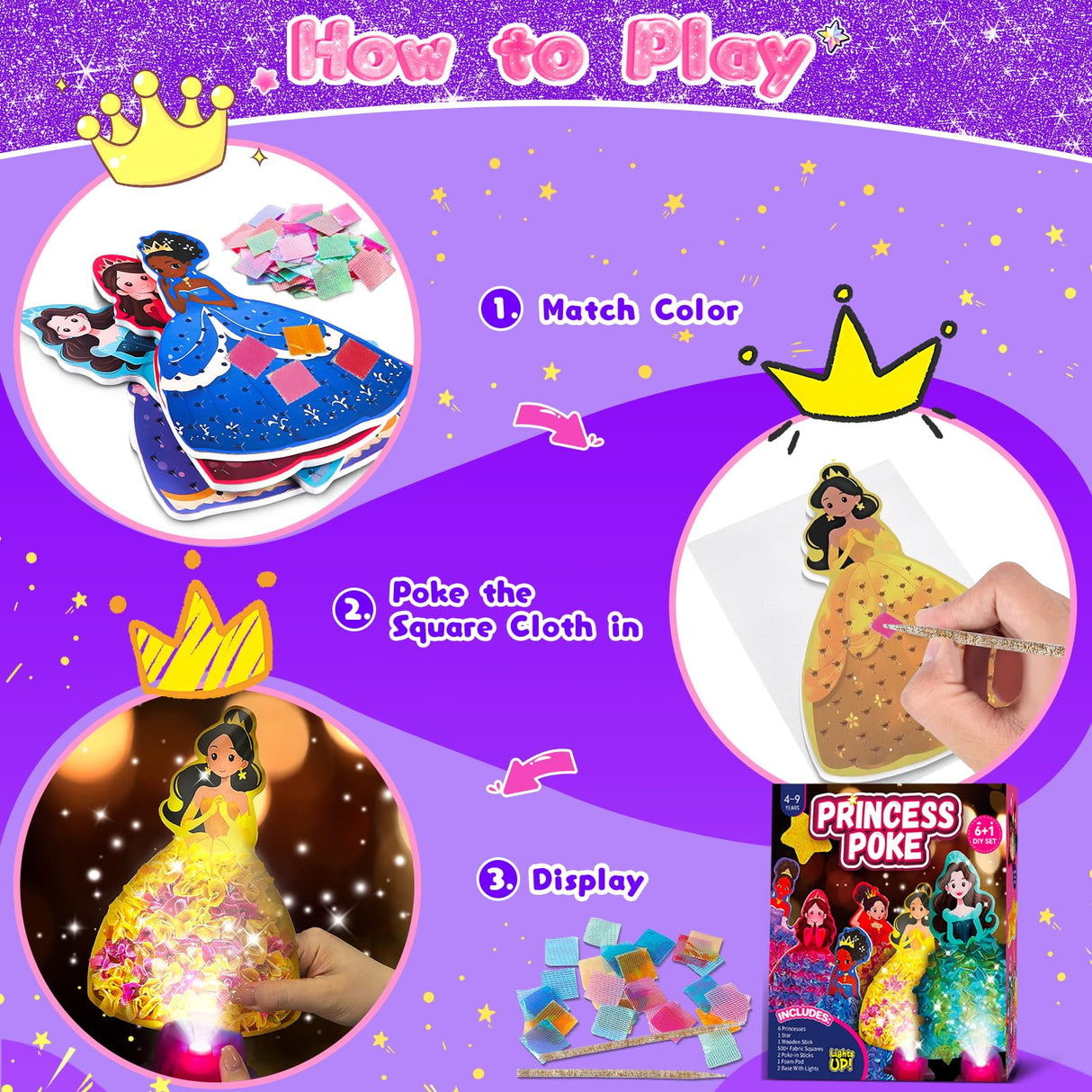 Fortand Poke-Art Crafts Kit for Kids, Princesses Craft Kits for Girls Ages 4-9 Paper Craft Kits with LED Base DIY Creative Activity Toys Gifts for Girls & Boys Ages 4 5 6 7 8 9 Mess-Free Fun for Kids Fortand