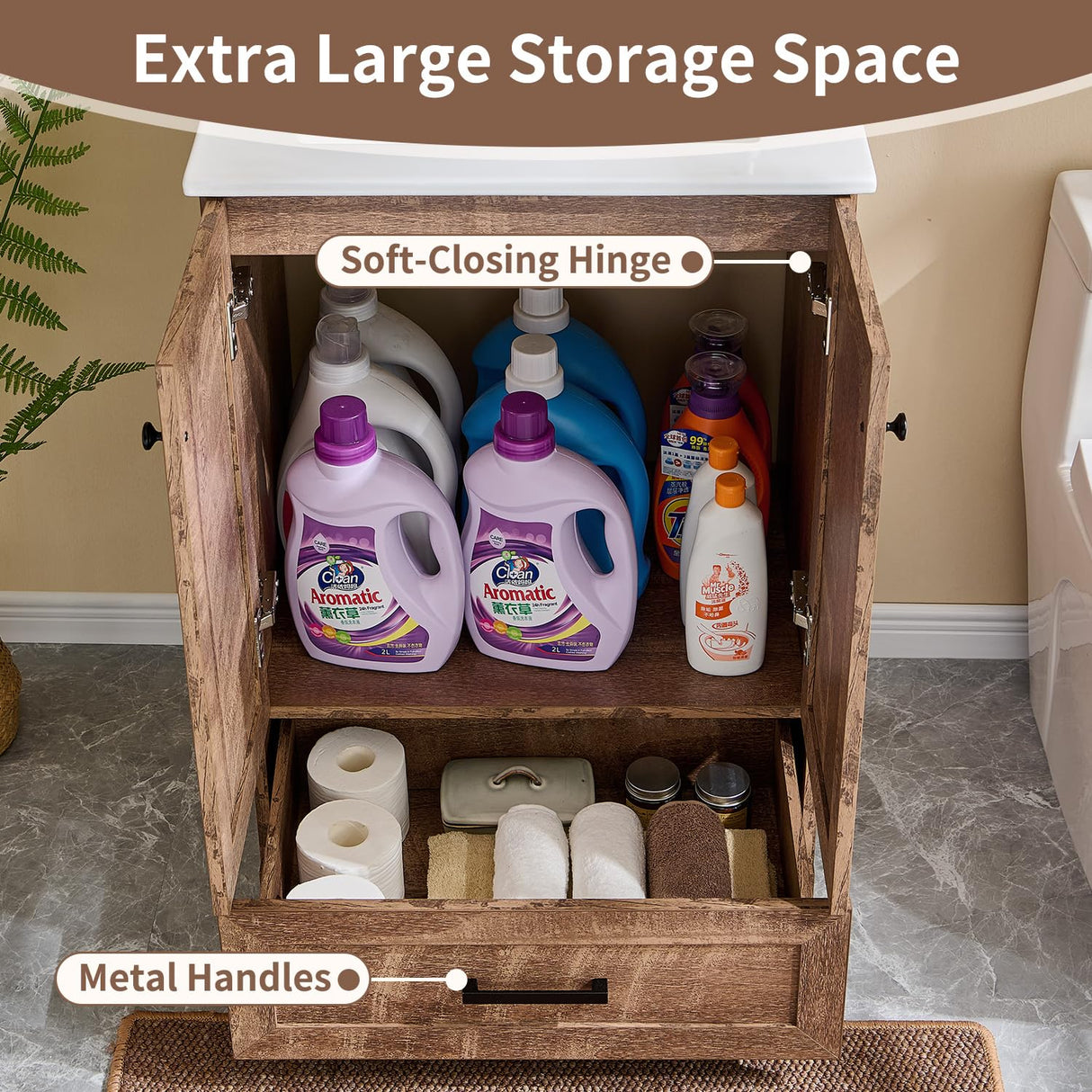 24" Farmhouse Bathroom Vanity with Sink, Bathroom Vanity Sink Cabinet with Large Storage Drawer, Modern Floor Standing Bathroom Vanity with Barn Door, Soft Closing & Metal Handle, Light Brown Aitjunz