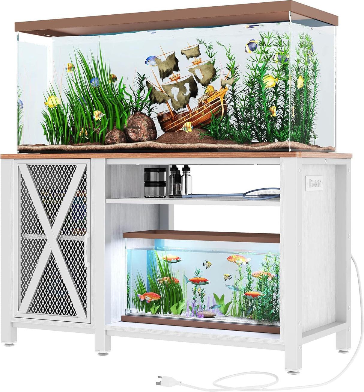 DWVO Heavy Duty Metal Aquarium Stand with Power Outlets, Cabinet for Fish Tank Accessories Storage - Suitable for 55-75 Gallon Fish Tank Stand, Turtle Tank, 860LBS Capacity, White & Walnut DWVO