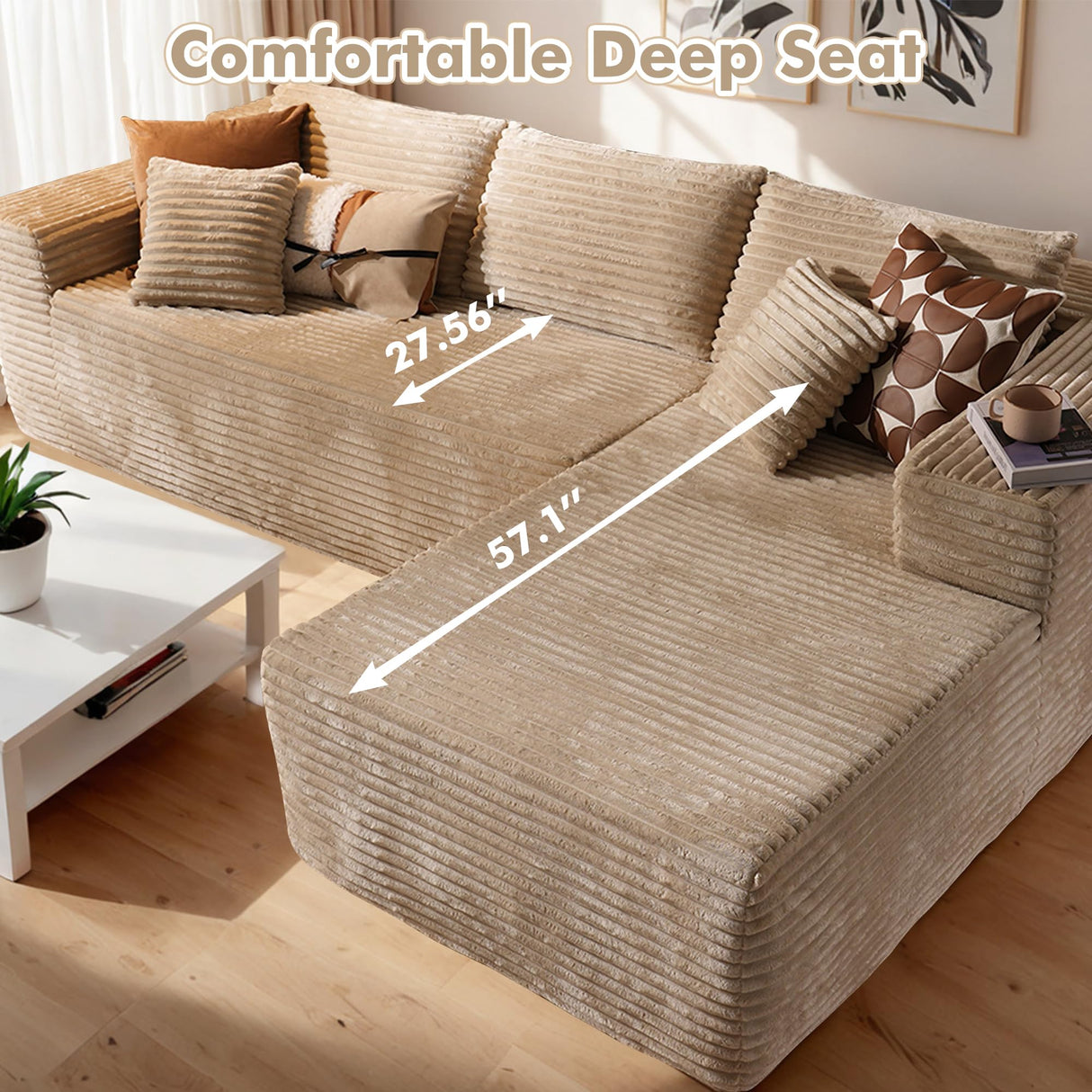 106" Cloud Sectional Couch with Chaise Longue,L Shaped Modular Modern Sofa,Comfy Corduroy Fluffy Couch with Deep Seat,No Assembly Required Couch for Living Room(Right,Plush Corduroy,Beige) weaxty W