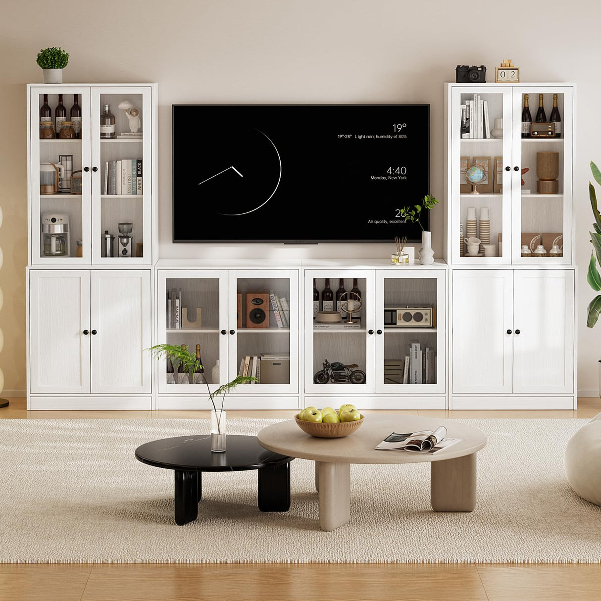 TUSY 4-Piece Large TV Stand with Bookshelves for TVs up to 75", TV Entertainment Center Media Center with Tempered Glass Doors and Shelves, TV Hutch for Living Room White (2B+2D) TUSY