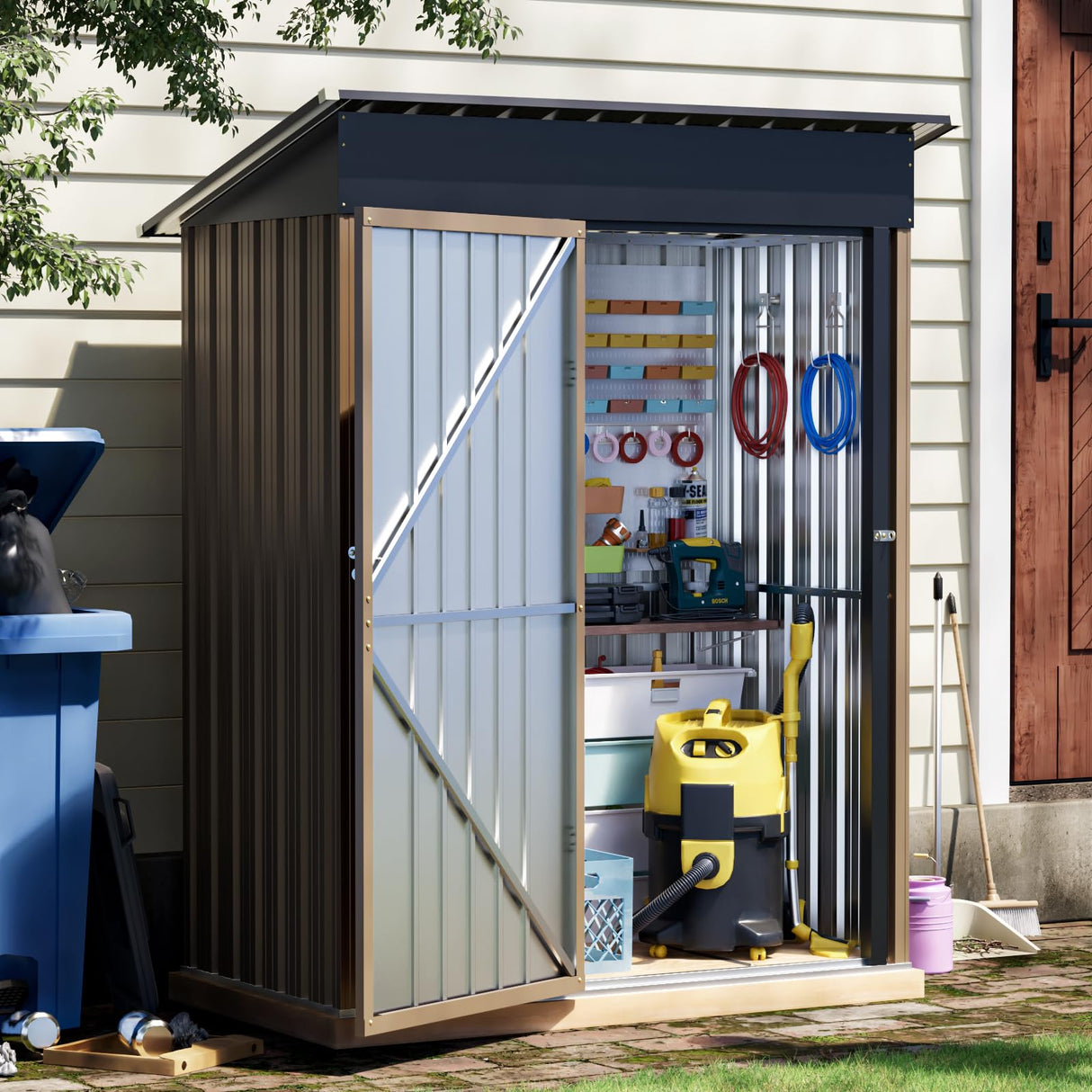 Grovellis 3x5 FT Outdoor Metal Storage Shed, Single Door, 1 Clear Window, Tool Shed for Garden, Patio, Backyard Brown Grovellis