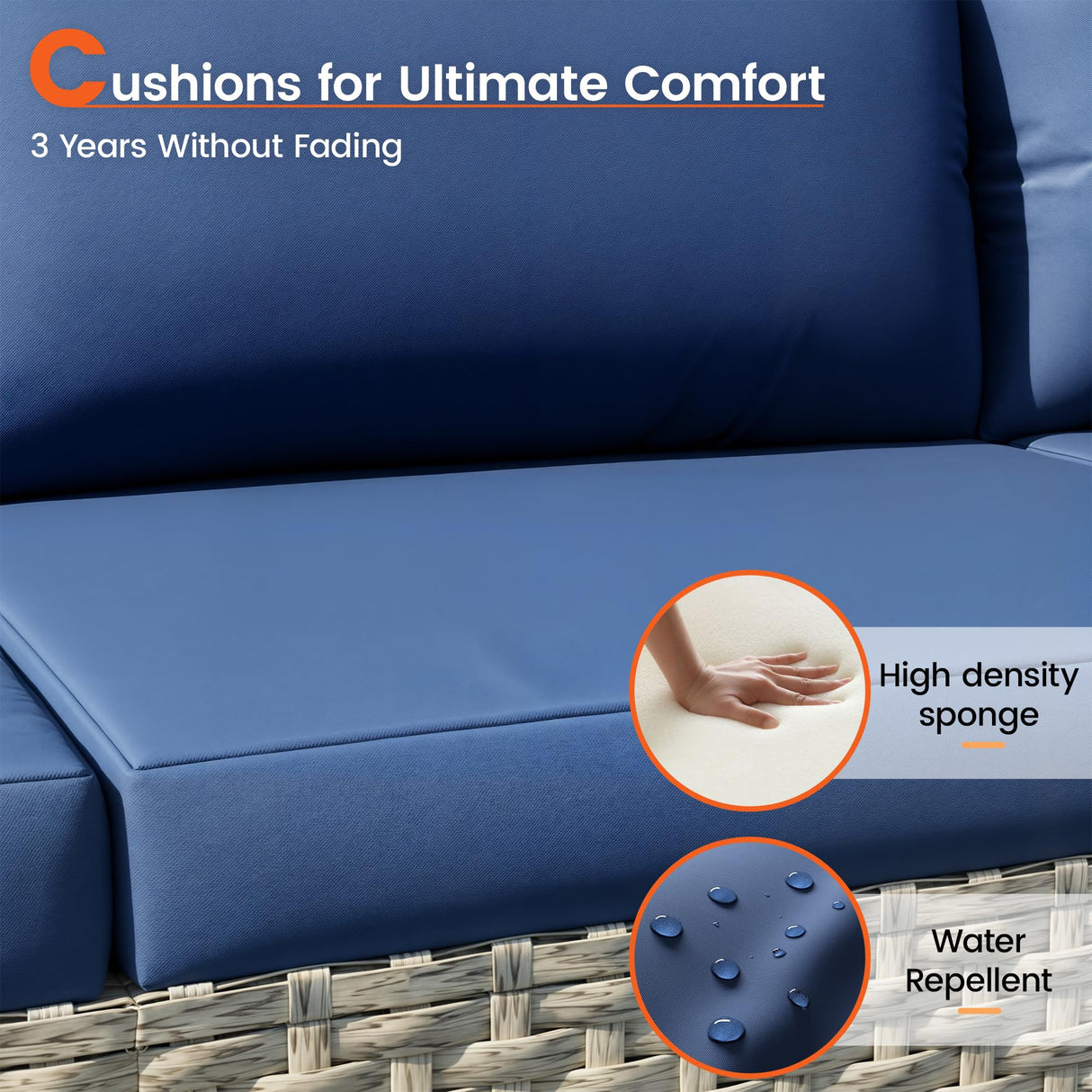 VONZOY Patio Furniture Set, 7-Piece Outdoor Sectional All-Weather Wicker Patio Conversation Set for Backyard (Navy Blue Cushions with Grey Rattan) VONZOY