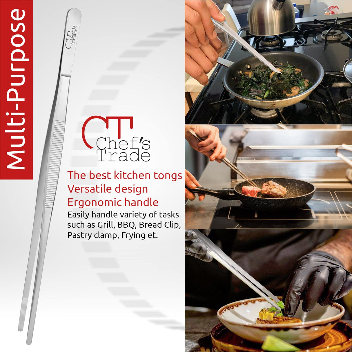 Chef's Trade Professional Kitchen & Cooking Tweezers/Tongs 12" Stainless Steel Multi-Use CHEF'S TRADE