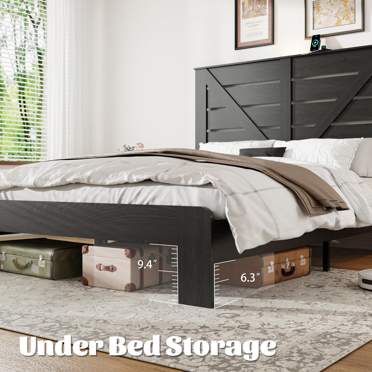 PAUKIN King Size Wooden Bed Frame with Headboard, Rustic Farmhouse Platform Bedframe with Metal Slat Support, Under Bed Storage Space, Easy Assembly, Noisy Free (Black, King) PAUKIN