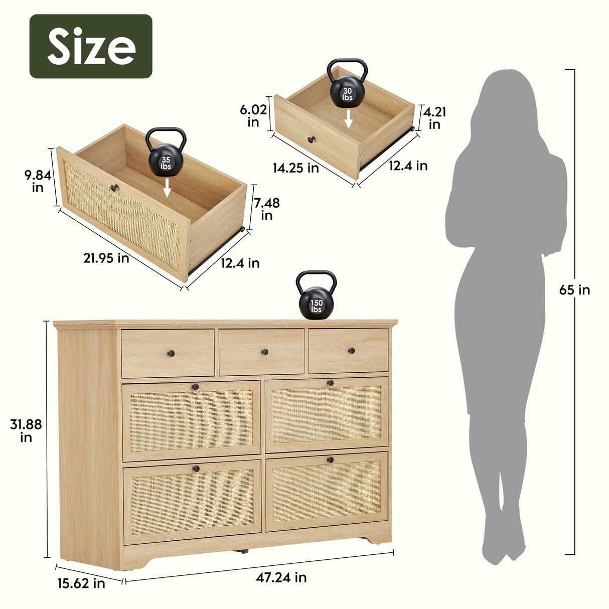 7 Drawers Natural Rattan Dresser for Bedroom, Mid Century Modern Dresser Wooden Cane Dressers with Elegant Tabletop, Boho Drawer Dresser TV Stand with Sturdy Base for Living Room, Kids Room, Nursury Yechen