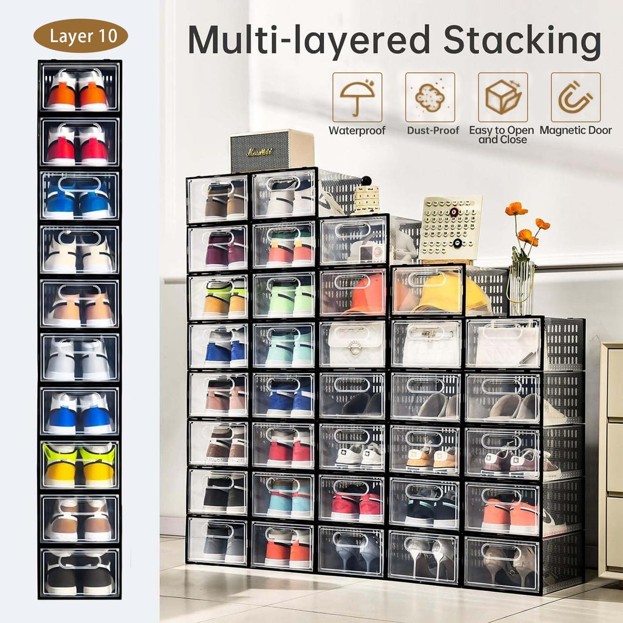 Clemate 15 Pack Shoe Storage Boxes, Clear Plastic Stackable Shoe Organizer for Closet, Shoe Box with Magnetic Door, Foldable Shoe Storage Bin, Sneaker Storage Box Shoe Rack Container Holder, Size 11 Clemate