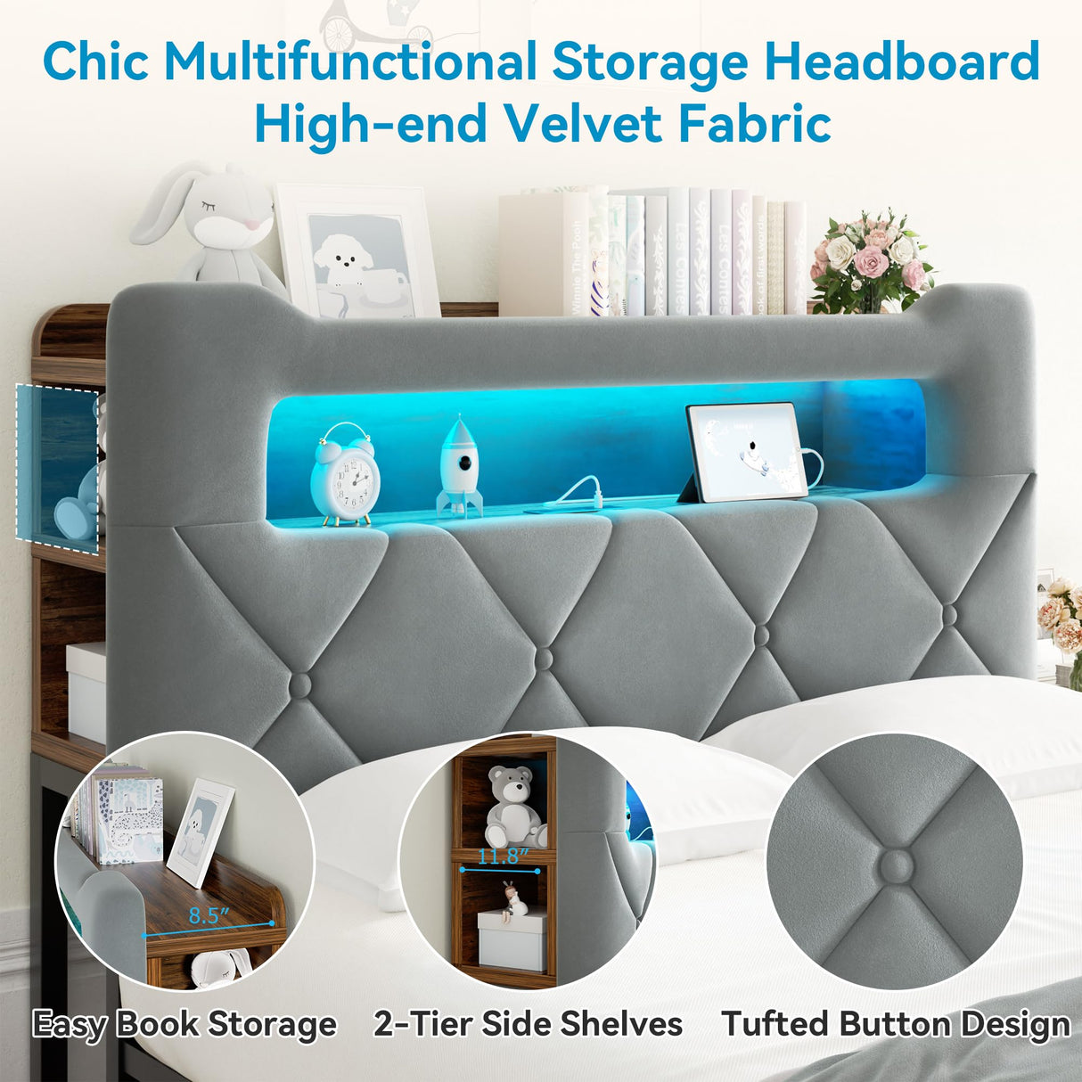 Queen Upholstered LED Bed Frame with 2 Storage Drawers and 2-Tier Storage Headboard, Velvet Platform Bed with Charging Station & Bookcase, Heavy Duty Metal Support, No Box Spring Needed, Grey Jocoevol