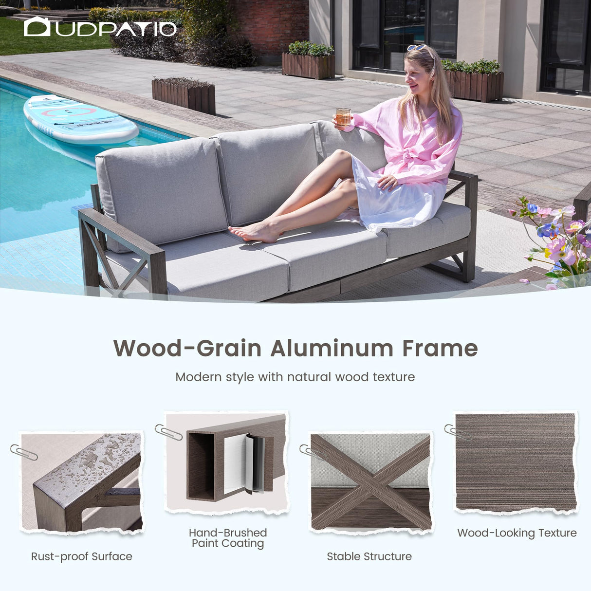 UDPATIO Patio Aluminum 3-Seat Couch, Faux Wood All-Weather Outdoor Furniture Sofa with 6” Water-Resistant OLEFIN Cushions and Rust-Proof Frame, Waterproof Cover Included, Beige UDPATIO