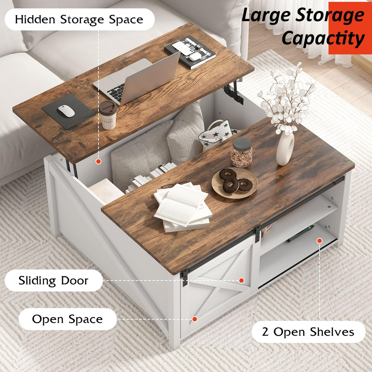 PUKAMI Lift Top Coffee Table with Storage, 31.5" Farmhouse Coffee Table for Living Room, Square Coffee Tables with Large Hidden Storage and Sliding Barn Doors, White PUKAMI