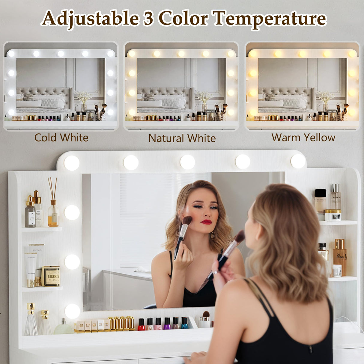 ALEXNUTRE Makeup Vanity Desk with Lights, Large Vanity Desk with Mirror and Lights in 3 Models, Vanity with Power Outlet, Vanity Desk with 5 Drawers, 2 Cabinets, Shelves, White Vanity for Bedroom ALEXNUTRE