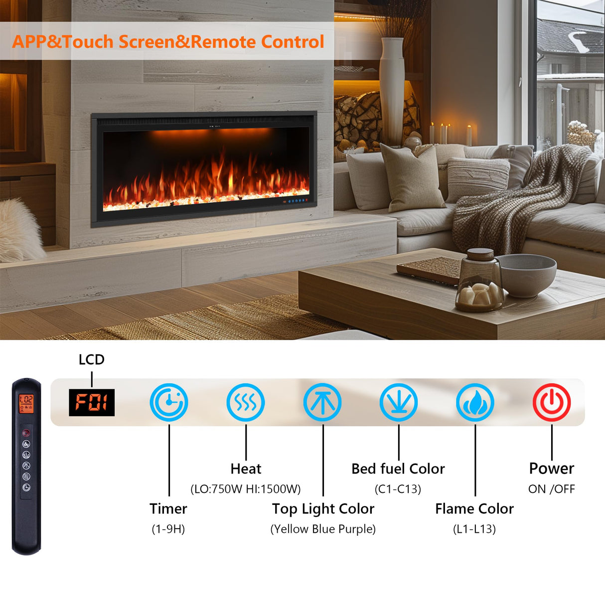 48" Smart Electric Fireplace Inserts,Slim Fireplace with APP Control & Remote Control& Touch Panel,13 Adjustable Flame Color&13 Fuel Bed Colors,750W/1500W,Black VINEMOUNT