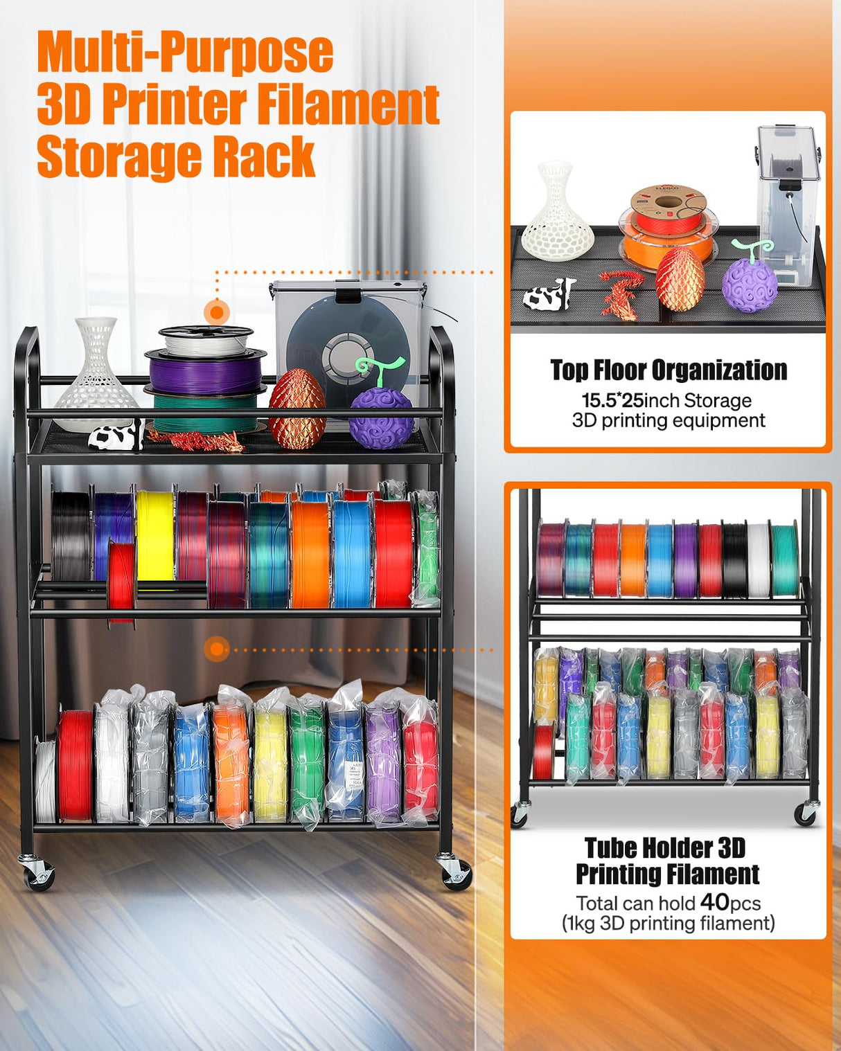 AHOWPD 3D Printer Filament Storage Rack- Rolling Filament Spool Holders Racks with Wheels, Heavy Duty Metal Shelf for PLA/ABS/TPU/Nylon, Filaments Organzied for 3D Printing Studio, Office Workshop AHOWPD