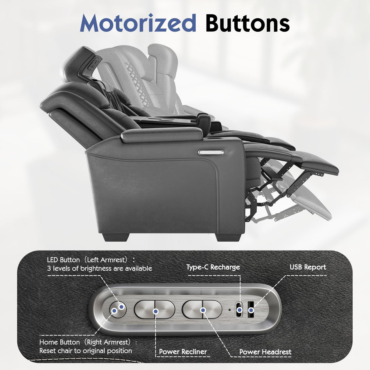 Jocisland Home Theater Seating, Dual Motor Movie Loveseat Leather Recliner with USB & Wireless Charging, 3 Seats Sofa Chair for Media Room w/Electric Headrest, LED Light,Fold Down Table,4 Cup Holders Jocisland