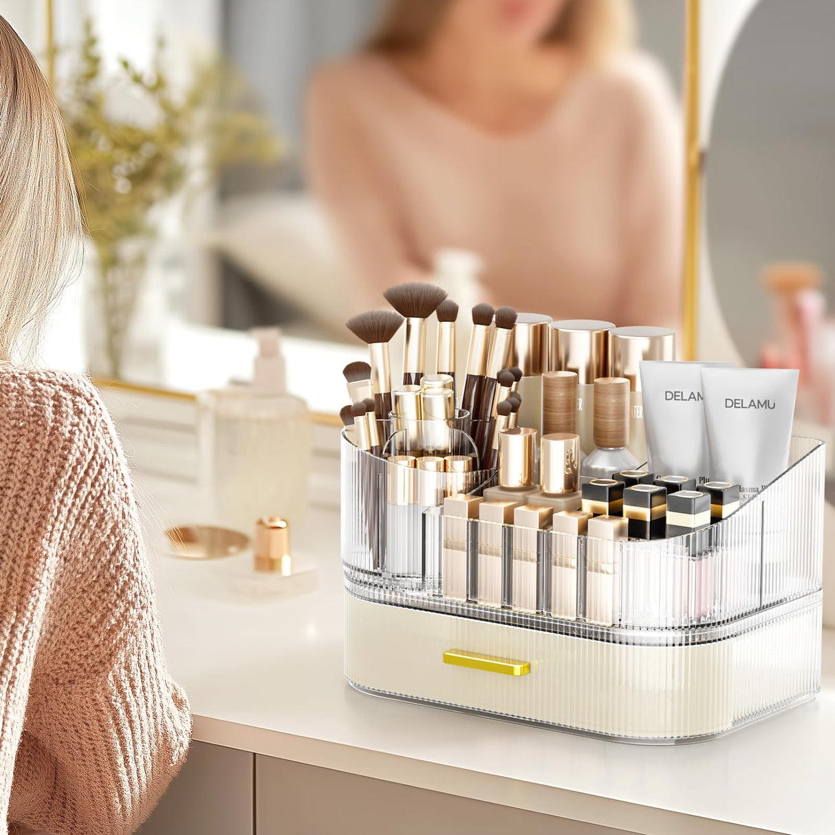 Delamu Makeup Organizer for Vanity with Stackable Drawers, 360 Rotating Makeup Brush Holder Large Cosmetic Display Case for Dresser, Bathroom Countertop Skincare Organizers and Storage, Elegant White Delamu