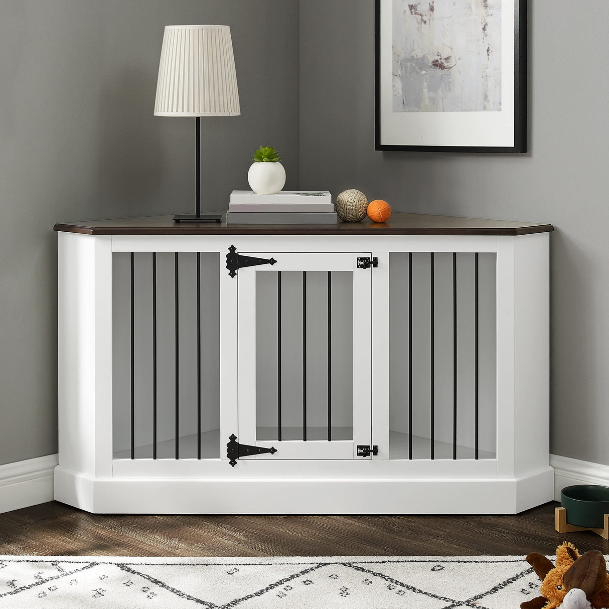 Crosley Furniture Winslow Corner Dog Crate Credenza Kennel for Pets, White Crosley Furniture