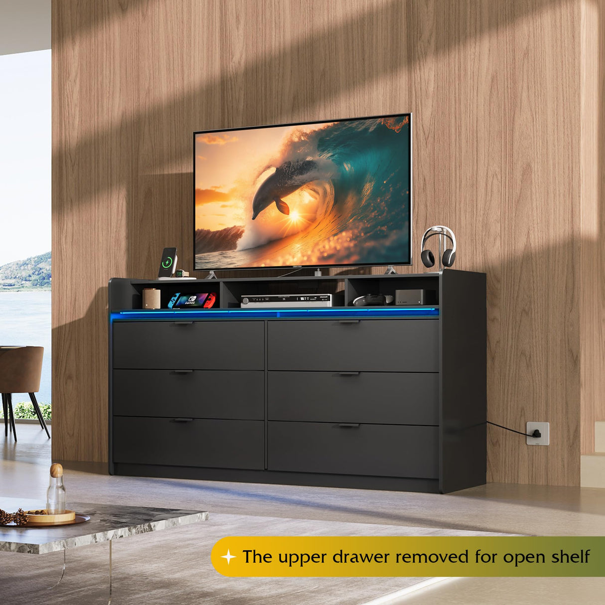 WLIVE 9 Drawer Led Dresser for Bedroom, 58.35'' Black Wood Dresser Storage Organizer with Power Outlets for 65'' TV, Dressers with Open Shelves, Chest of Drawers for Closet, Living Room WLIVE