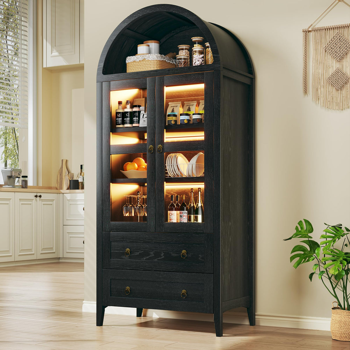 HUAHUU 71" Tall Arched Kitchen Pantry, Arched Cabinet with LED Lights, Kitchen Storage Cabinets with 2 Large Drawers & Adjustable Shelves & Glass Door for Living Room, Dining Room, Black HUAHUU