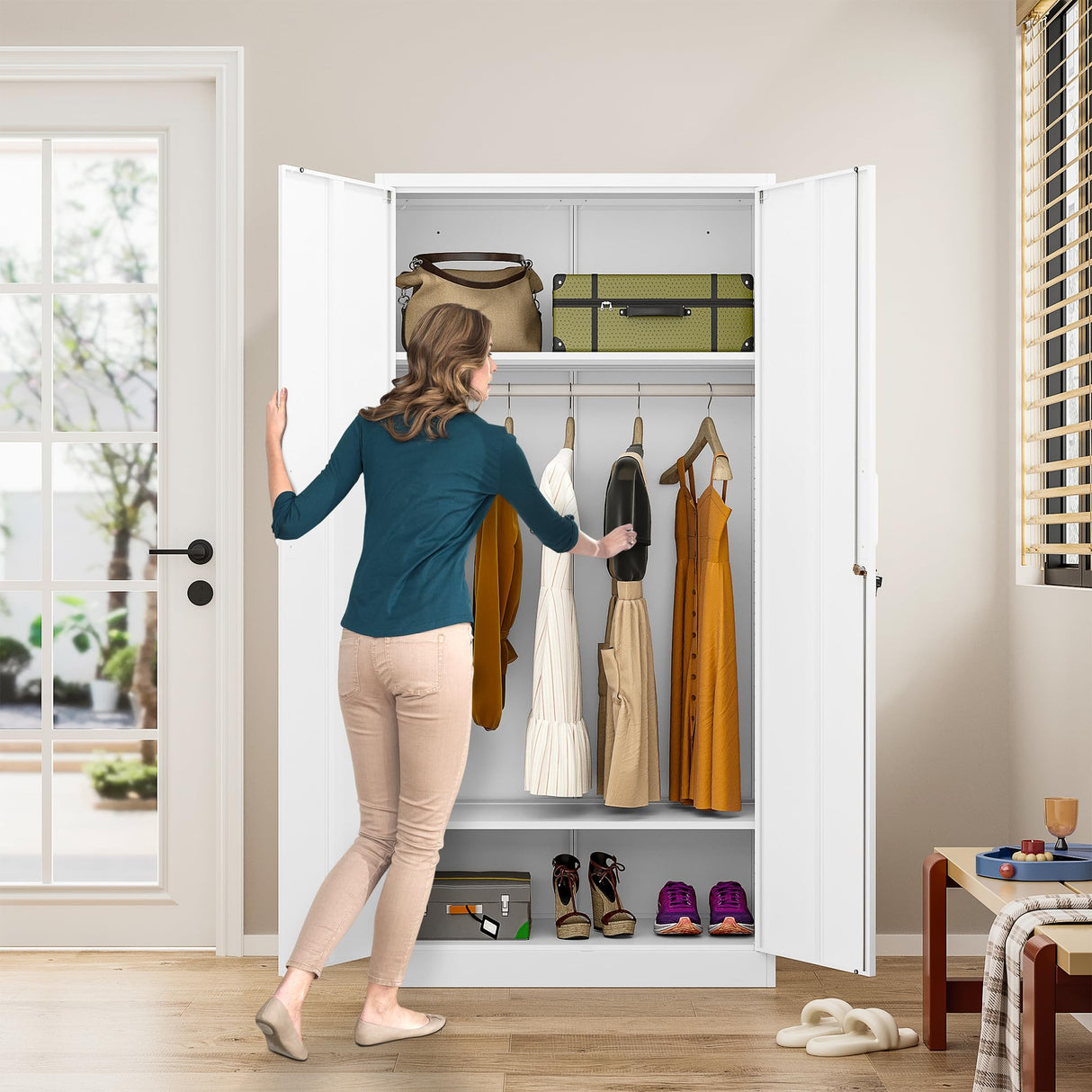 Metal Wardrobe Cabinet with Hanging Rod & Lock,White Armoire Wardrobe Closet,Metal Clothing Storage Cabinet with Adjustable Shelves and Doors,72" Armoire Storage Cabinets for Home,Living/Laundry Room SISESOL