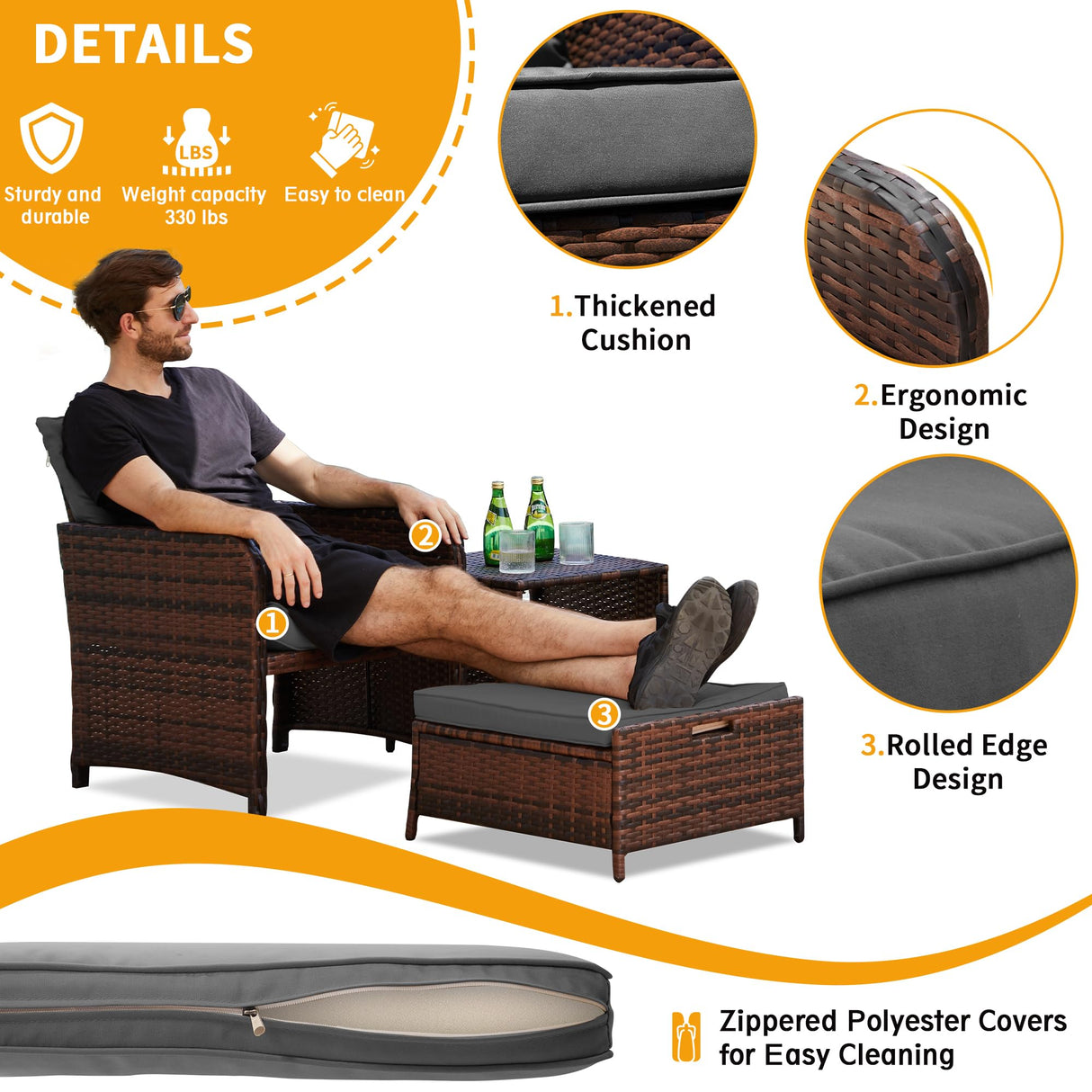 UDPATIO Balcony Furniture Patio Set with Ottoman, Patio Bistro Set 5 Piece Wicker Patio Furniture Set with Footrest for Front Porch Small Space UDPATIO