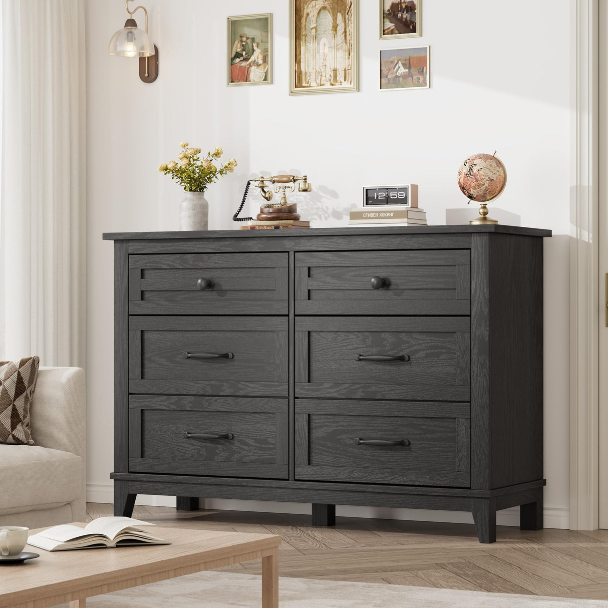 GarveeHome 6 Dresser for Bedroom, 47 in Wide Drawer Dresser with Storage Freestanding, Wooden Closet Storage Chest for Living Room, Bedroom, Entryway, Black GarveeHome