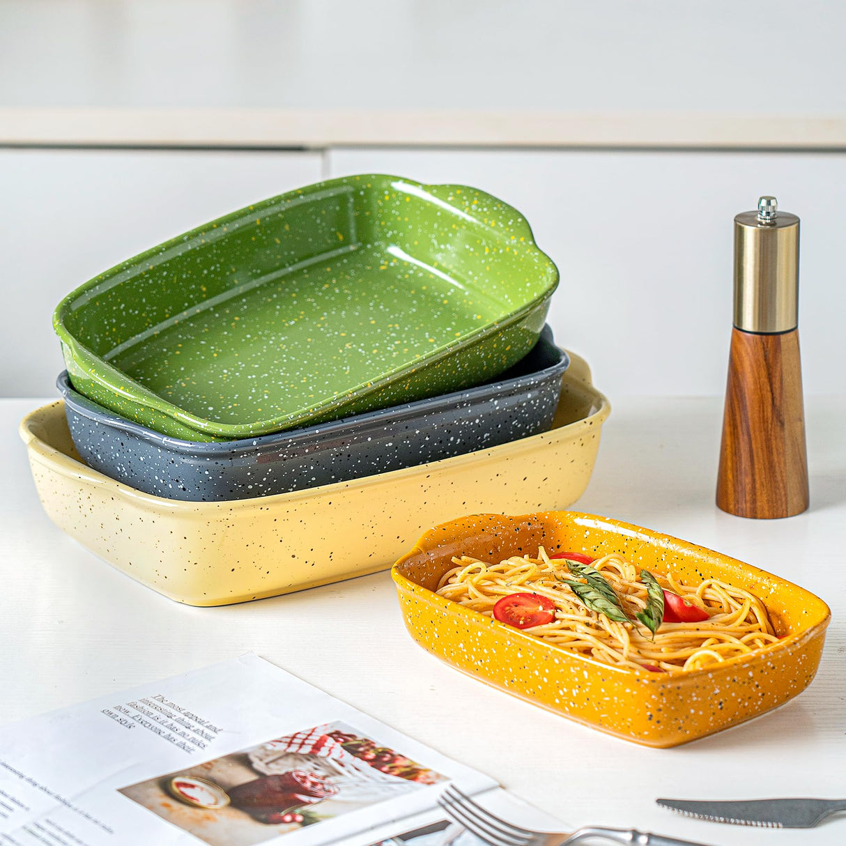 KROKORI Ceramic Bakeware Dish Set of 3, Rectangular Baking Casserole for Oven,High Heat Resistant,Lasagna Pan Deep with Handles,Handcraft Speckle Series (13.8''/12''/9.6''Grey) Krokori