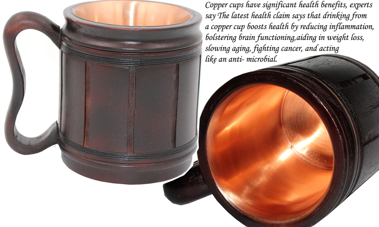 5MOONSUN5's Handmade wooden Beer Mug copper Cup Carved Natural Beer Stein Old-Fashioned Barrel Brown Vintage Bar accessories - Wood Carving Beer Mug Great Retro Design Beer Tankard for Men 16oz, 5MOONSUN5