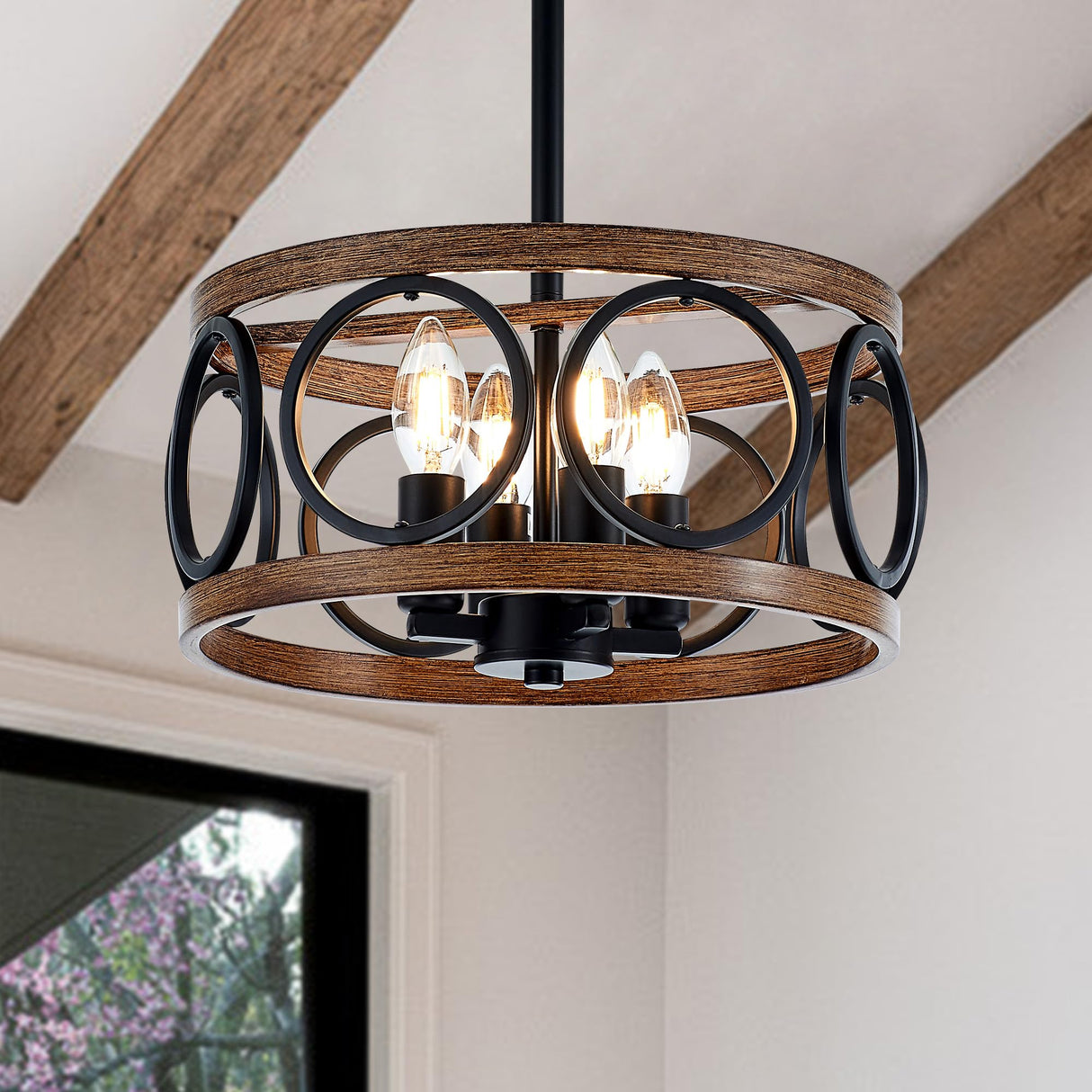 Faibra 4-Light Farmhouse Drum Pendant Light,12.6'' Nature Wood Texture Vintage Rustic Chandeliers Black Metal Industrial Hanging Light Fixtures for Entryway, Bedroom Dining Room Faibra