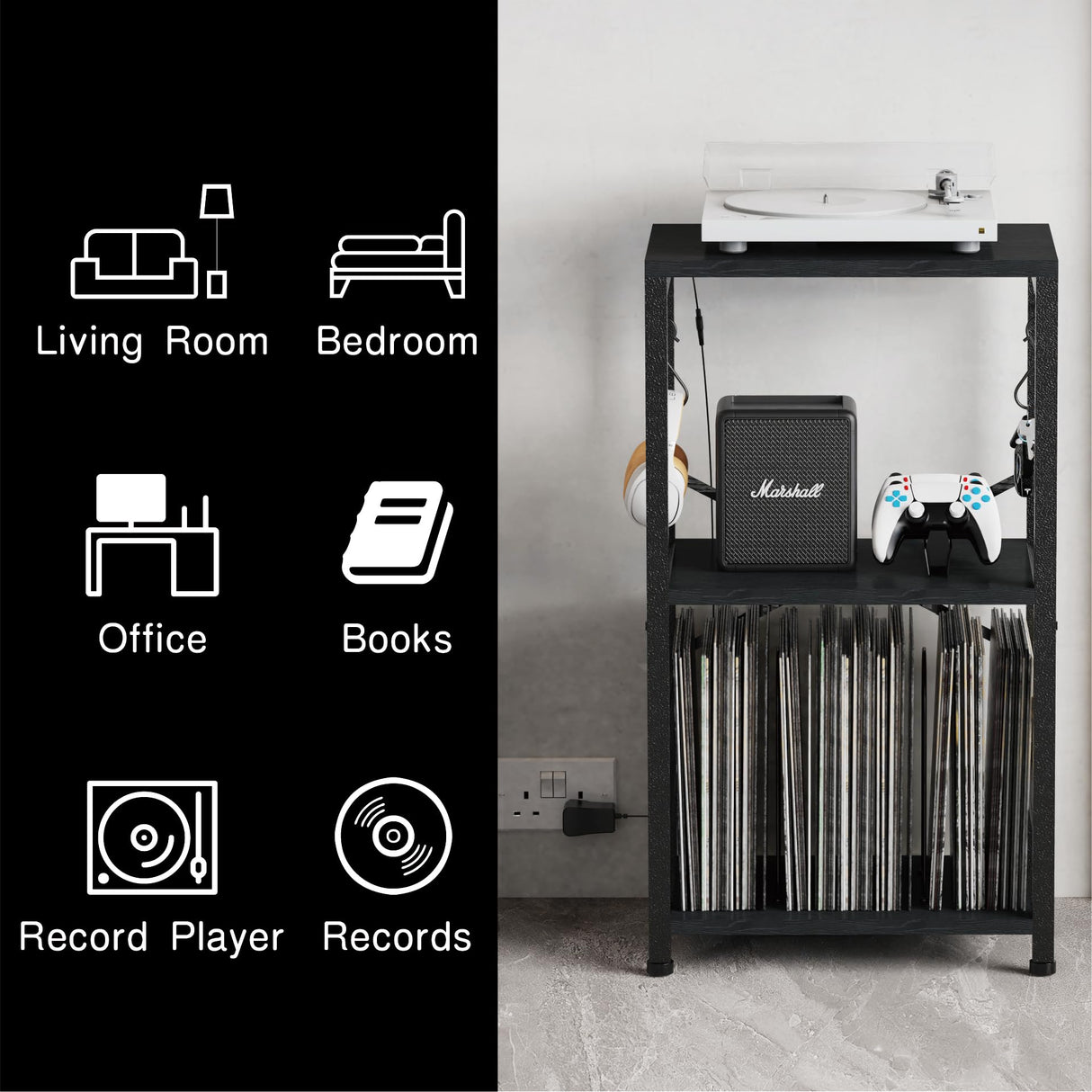 YAKANJ End Table with LED Light,Record Player Stand with Albums Storage,Vinyl Records Storage,Turntable Stand Side Table for Music Room Studio Living Room Bedroom-Modern Black YAKANJ