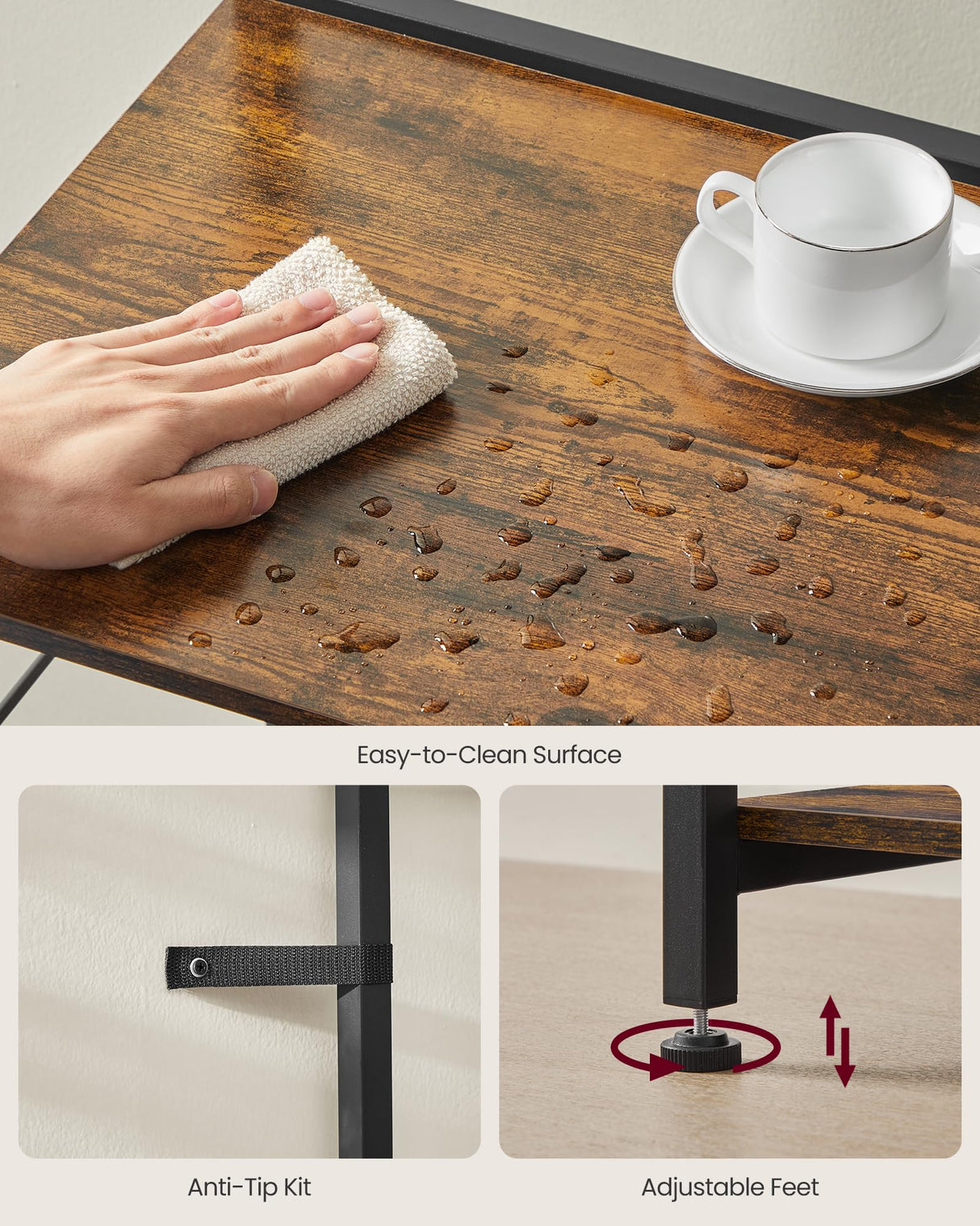 VASAGLE Bakers Rack with Power Outlet, 35.4 Inches Microwave Stand, Coffee Bar, 4 AC Outlets, with Adjustable Shelves, 8 S-Hooks, Basket, Spice Racks, Rustic Brown and Ink Black UKKS031K01 VASAGLE