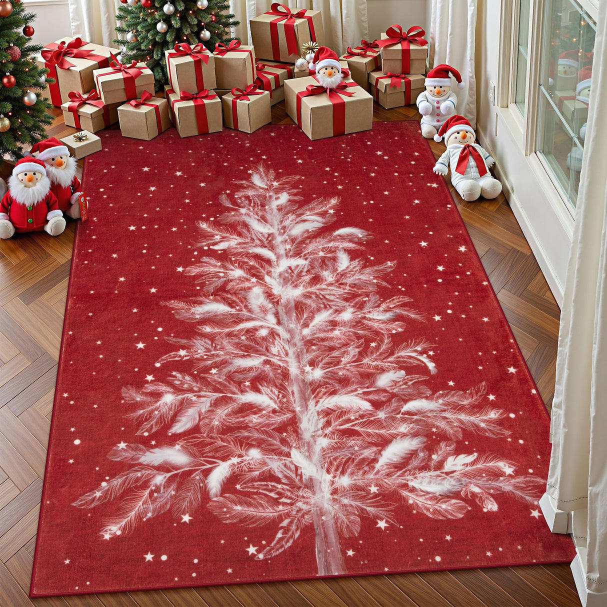 Lahome Christmas Rugs 5x7 Area Rug Washable Rug for Bedroom, Red Soft Nursery Rug Non-Slip Stain Resistant Living Room Rugs, Christmas Tree Print Holiday Decor Untra-Thin Carpet for Office Lahome