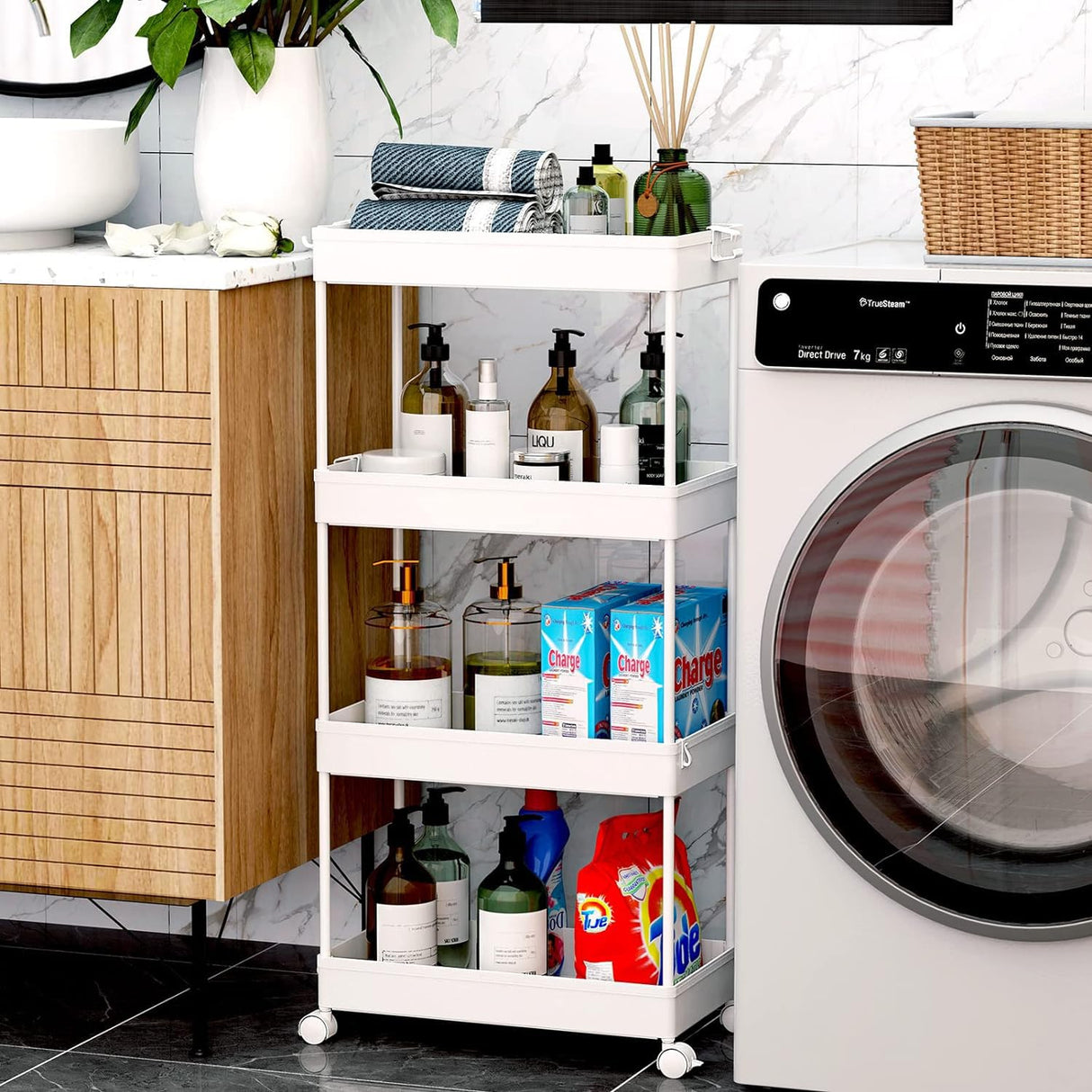 SPACEKEEPER Storage Cart, 4-Tier Mobile Shelving Unit, Bathroom Rolling Cart Utility Storage Organizer Shelf for Kitchen Living Room Bathroom Laundry Room & Dressers, White SPACEKEEPER