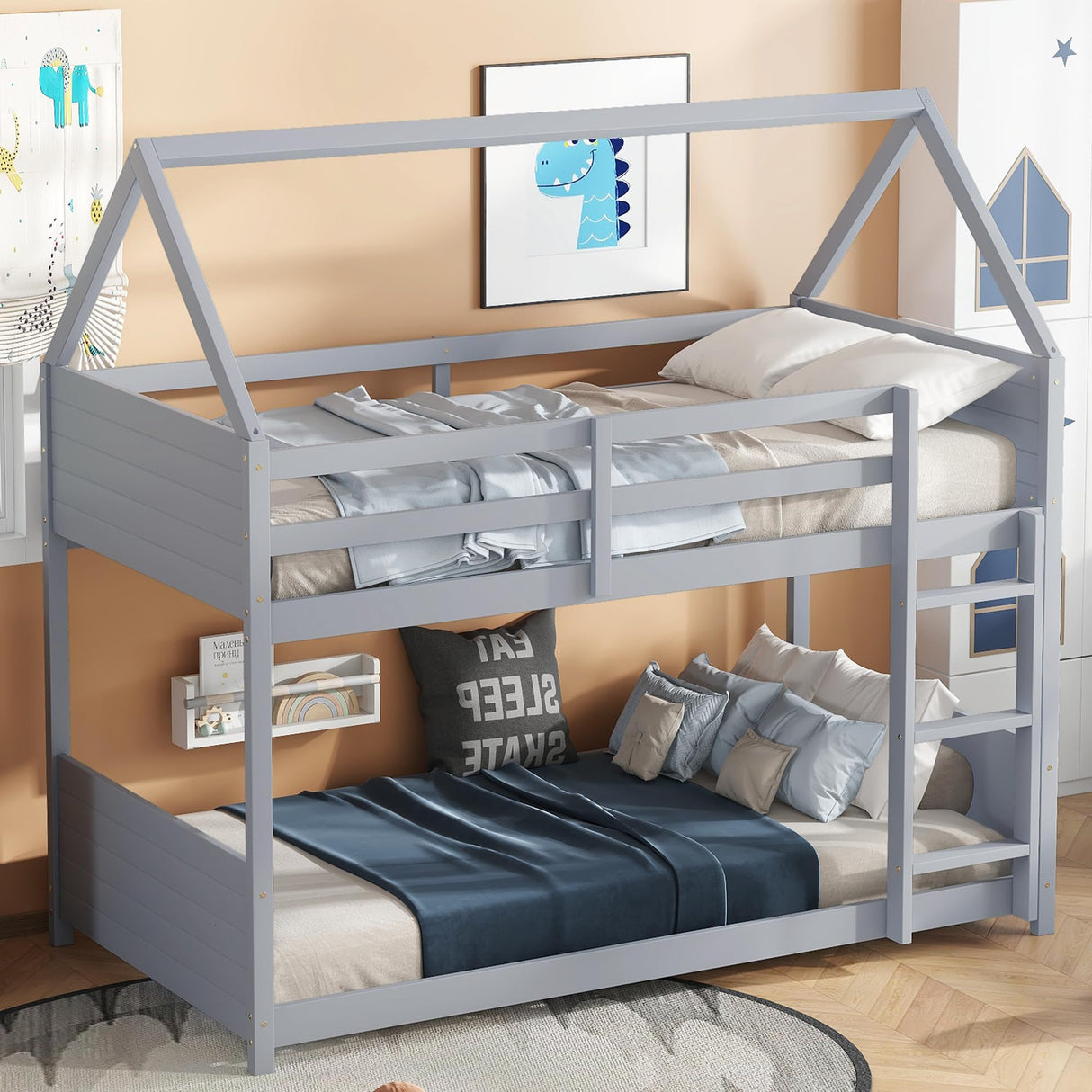 Ball & Cast Twin Over Twin House Bunk Bed for Kids,Rubber Wood Bunk Bed with Headboards, Footboards and Guardrails, Ladder,Twin Size House Shaped Bunk-Bed, No Box Spring Needed,Gray Ball & Cast