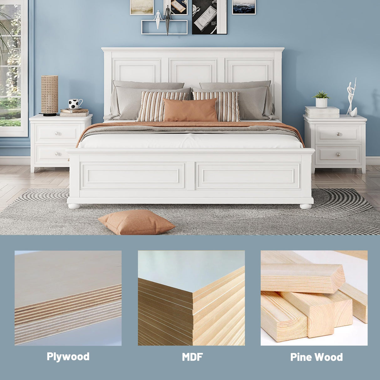 OYUMOENTS King Size Bed Frame Farmhouse Style, Tall Headboard King Bed Frame with Footboard, Pinewood Antique Beds, Farmhouse Style, Noise-Free, No Box Spring Needed, White OYUMOENTS