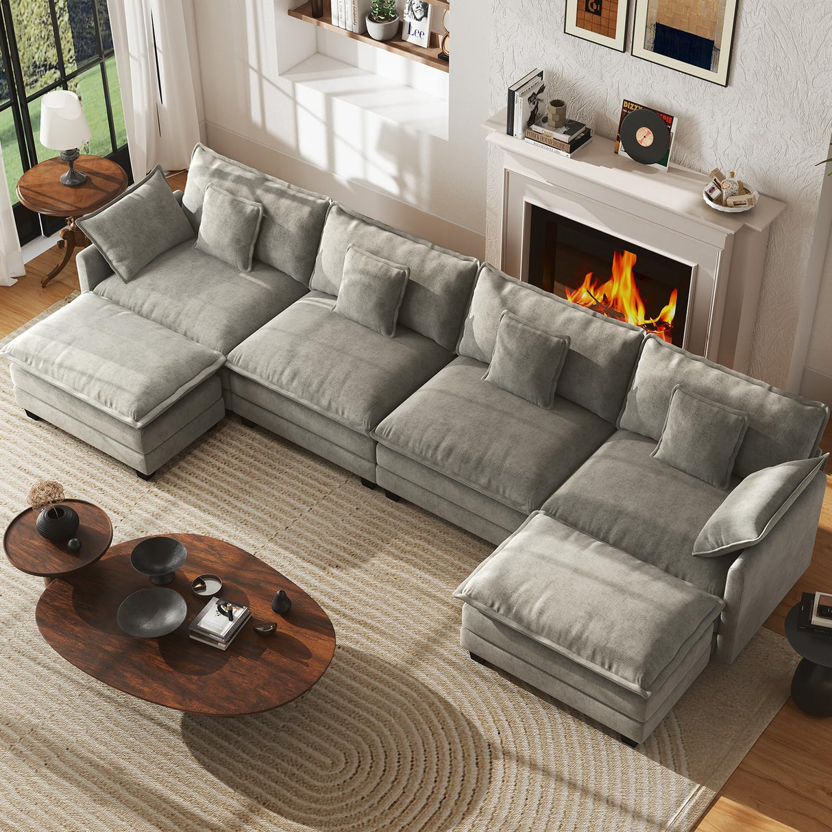 WorthFurni 146” Oversized Modular Sectional Sofa, U Shaped Cloud Couch Set for Living Room, 4-Seater Comfy Chenille Couches with 2 Movable Ottomans, DIY Combination (Grey) WorthFurni