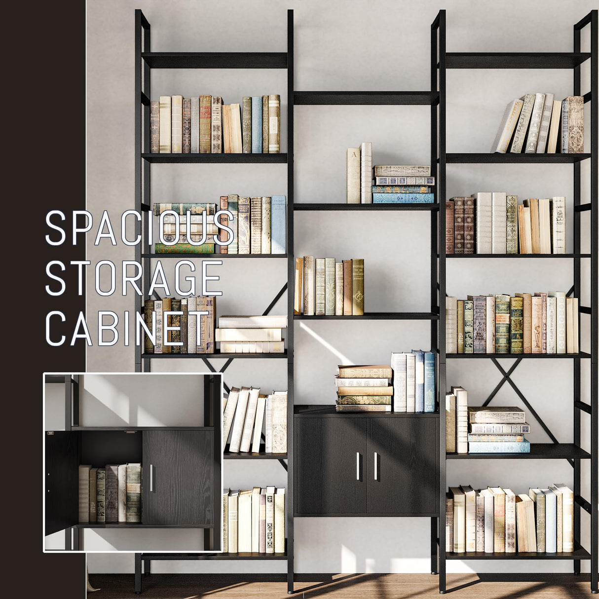 astimey 70x78 “ Triple 6 Tier Book Shelf, Industrial Large Bookcase with Storage Cabinet, Tall Bookshelf with 16 Open Display Shelves Metal Frame Furniture for Living Room Bedroom Home Office Black astimey