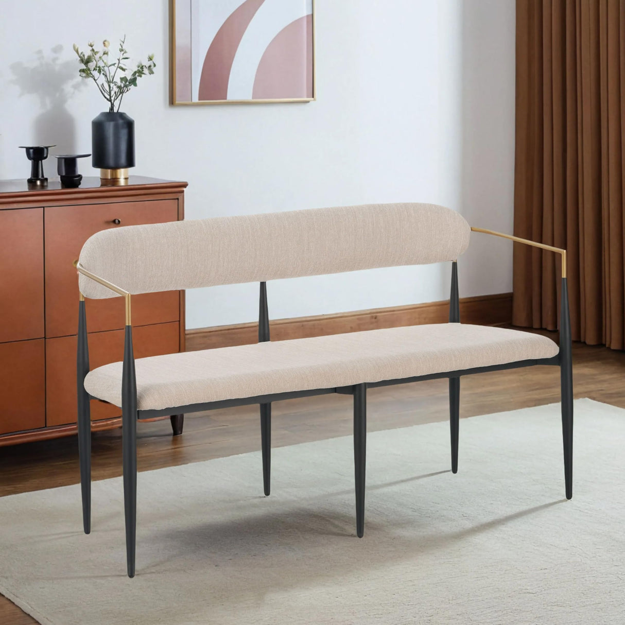 Christopher Knight Home Names Modern Metal Loveseat, Living Room Fabric Upholstered Settee, Curved Open Backrest 2-Seater Sofa, Cozy Couch for Bedroom, Apartment, Home Office, Black+ Gold + Beige Christopher Knight Home