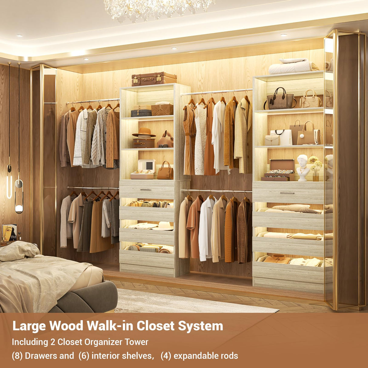 Aheaplus Closet System, 6-15Ft Closet Organizer with 8 Wooden Drawers, Wood Closet Organizer System with Tower, Walk-in Closet Organizer Wardrobe Garment Clothes Rack with 4 Hanging Rods, White Oak Aheaplus