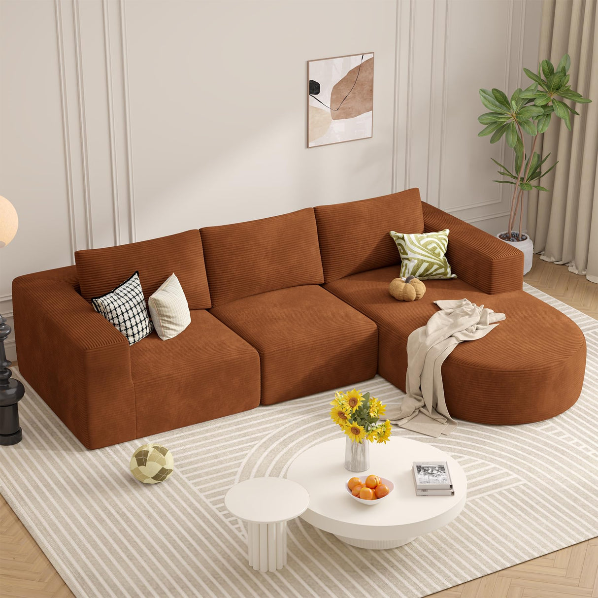 Modular Sectional Sofa with L-Shape Chaise,Cloud Sectional Modern Sleeper Couch with Deep Seat,Sponge Compression Sofas No Assembly Required(Brown-Corduroy Fabric) 1PCS Luxanimarion