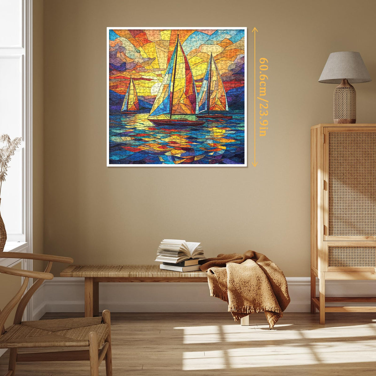 Stained Glass Sailboat Sunset Puzzle for Adults 1000 Pieces, Colorful Landscape Jigsaw Puzzle, Ocean Sea Ship Challenging Puzzle BBOLDIN