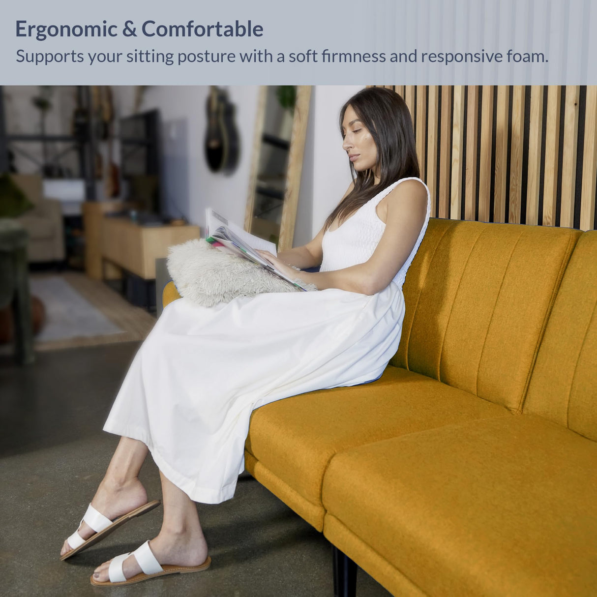 BELLEZE Adjustable Folding Sofa Bed, Upholstered Modern Convertible Futon, Sleeper Sofa for Living Room, Guest Room, Garage - Melrose (Yellow) BELLEZE