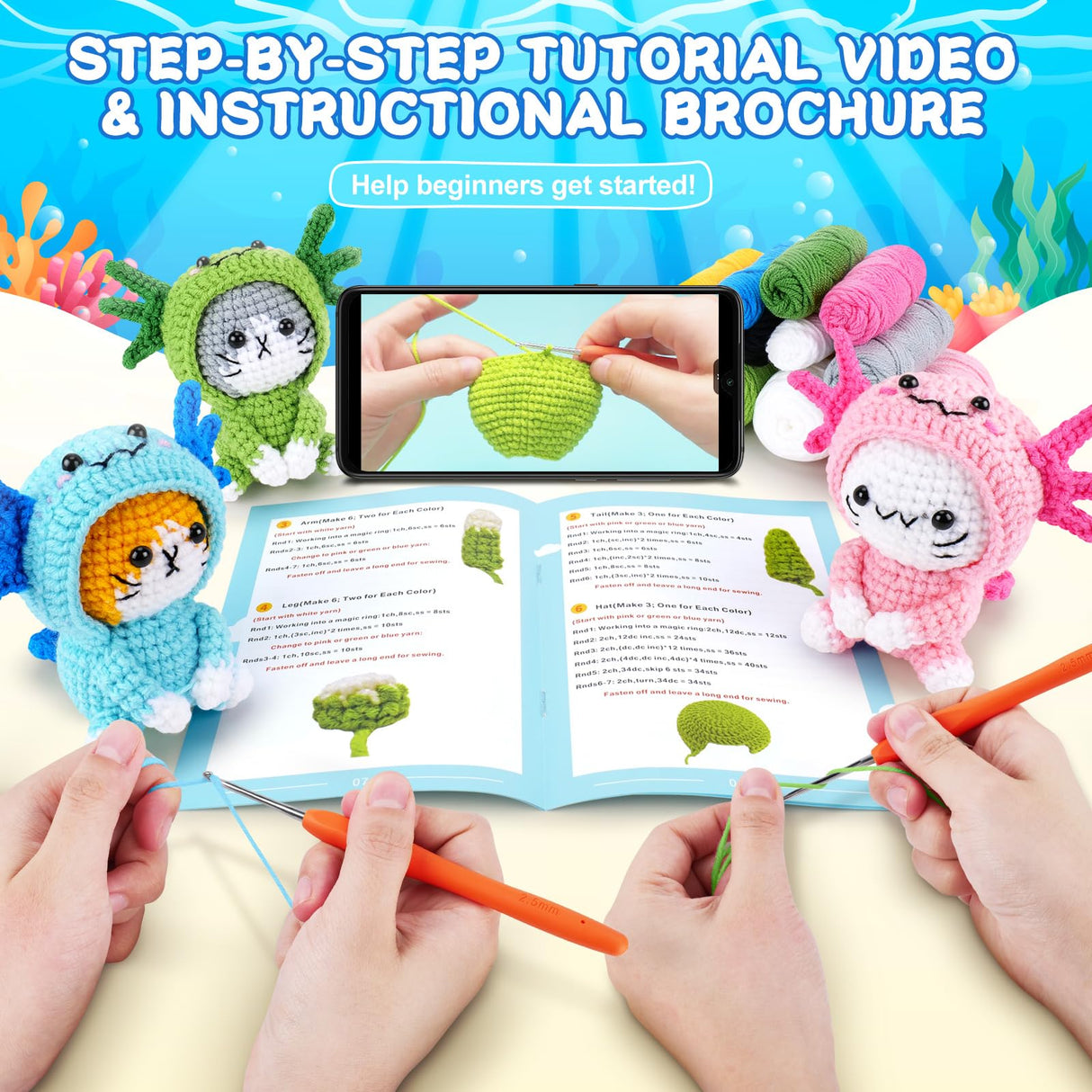 Crochet Kit for Beginners - 3 PCS Axolotl Cat Crochet Kits with Step-by-Step Video Tutorials, Beginner Crochet Kit for Adults, Crochet Cat Dressed as Axolotl Set (Blue & Green & Pink) Fortuning's JDS
