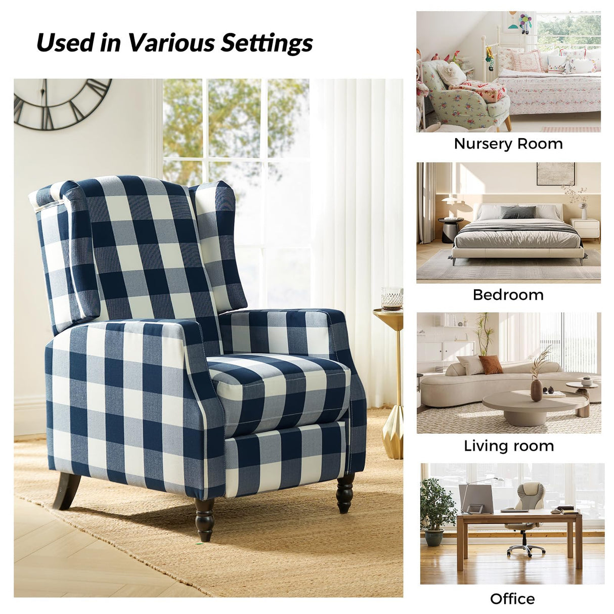 Upholstered Wingback Recliner Chair, Traditional Push Back Recliner Sofa, Mid Century Modern Lounge Armchair for Living Room, Home Theater Accent Chairs Recliners Couches (Navy) TINA'S HOME