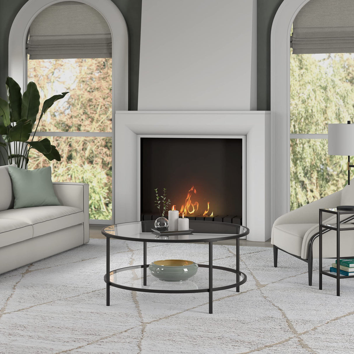 Henn&Hart 36" Wide Round Coffee Table with Glass Top in Blackened Bronze, Modern coffee tables for living room, studio apartment essentials Henn&Hart